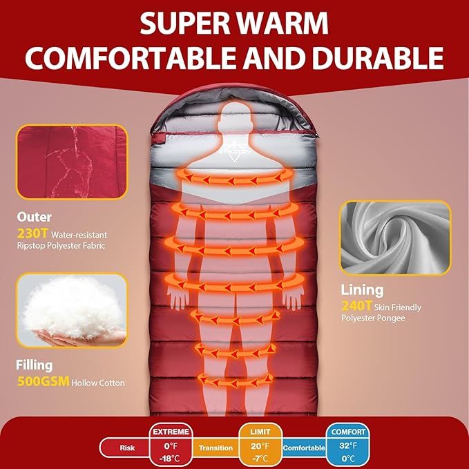 Adult Kids Sleeping Bag - All Season Warm/Cold Weather Lightweight for Camping & Hiking - Compact w/Compression Sack - Portable for Backpacking Travel Indoor - Unisex Boy Girl Man Woman