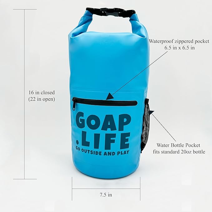 GOAP 10L Waterproof Dry Bag for Beach, Fishing, Camping, and Hiking - Rolltop Design with Crossbody Strap, Water Bottle Pocket, and Zipper Pocket