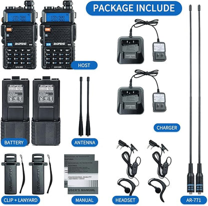 Baofeng UV-5R Ham Radio Long Range UV5R Two Way Radio Dual Band Rechargeable 3800mAh Li-ion Battery High Power Walkie Talkie with Earpiece Full Set for Survival Gear Hiking Hunting,2 Pack