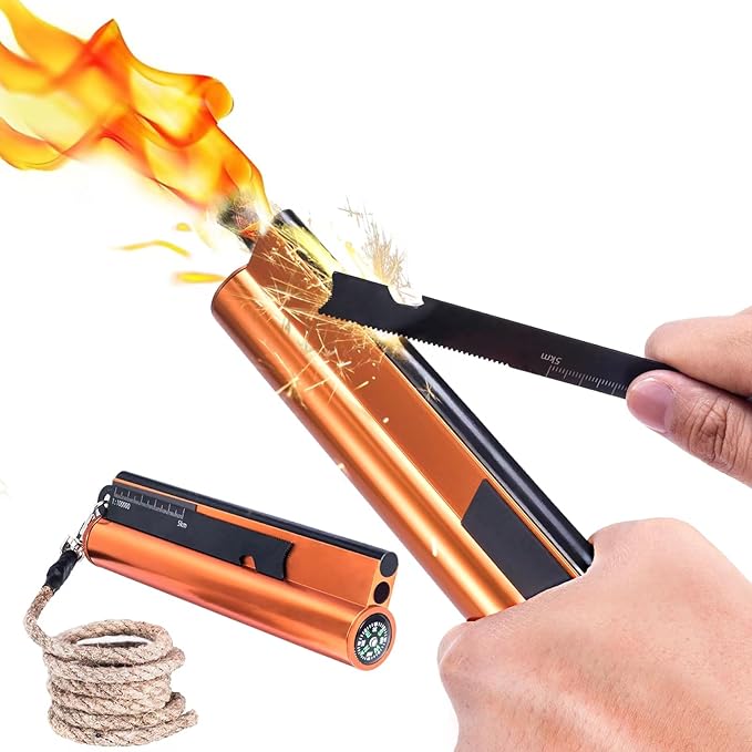 Flint and Steel Fire Starter Kit 7-in-1 Ferro Rod Fire Steel Bushcraft Equipment, Portable Survival Magnesium Kit with 36" Waterproof Wick Rope, Multi Tool Scraper, Compass for Camping Hiking