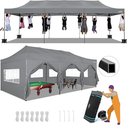 COBIZI 10x30 Pop up Canopy Tent 10x30 Canopy with Sidewalls, Heavy Duty Party Tent Tents for Parties, Foldable UPF 50+ Waterproof Commercial Ez up Canopy with Roller Bag, Grey(Windproof Upgraded)