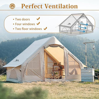 Inflatable Camping Tents Air Glamping Tents 4 Season Waterproof Easy Set up Cabin House Tent Blow up Tent for Family Camping