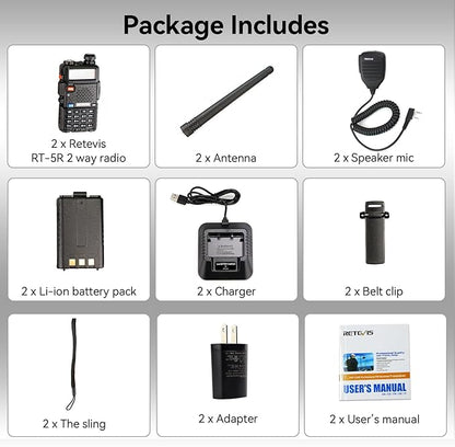 Retevis RT-5R Dual Band Two Way Radio,Ham Radios,with Shoulder Mic,Emergency Alarm,1400mAh Battery,Long Range Walkie Talkies for Amateur Camping Hunting (2 Pack)