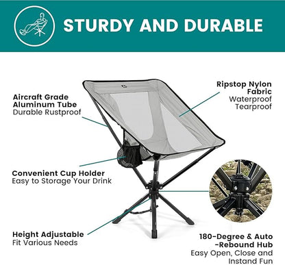 Portable Camping Chair - SwivelCore 180 Swivel & Auto-Return, Small Compact Lightweight Folding Chairs for Adults, Outdoor Backpack Chair for Adventures, Setup in Seconds, Support 300 LBS