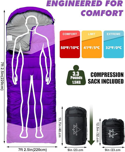 Sleeping Bag for Adults Cold Weather & Warm, Lightweight Backpacking Camping Hiking Essentials Gear for Kids 10-12 Girls Boys Compact w/Compression Sack Indoor Outdoor Sleep Must Haves