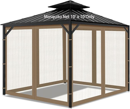 Gazebo Universal Replacement Mosquito Netting, 10' x 10' Outdoor Mesh Netting Screen 4-Panel Sidewall with Zipper for Patio, Canopy, Garden and Backyard, Khaki(Mosquito Net Only)