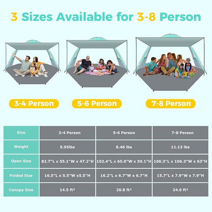 Gorich Beach Tent with Canopy - Easy Setup 3-8 Person Portable Sun Shelter, UPF 50+ UV Protection Sun Shade, Lightweight & Compact Beach Cabana for Family Travel
