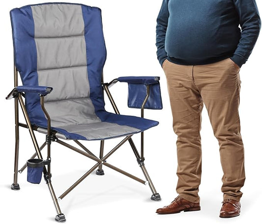 Large High Back Camping Chair for Adults - Oversized Comfortable for Tall People - Heavy Duty 450lbs Capacity K-Frame, Padded Seat & Armrests for Sitting Fishing Lawn Outside, Cup Holder (Blue)