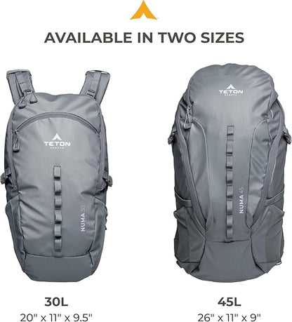 Teton 45L Numa backpack, durable and ready for hiking, camping or backpacking. Perfect lightweight travel bag with more room than you think, Granite