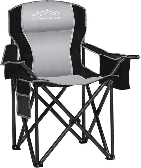 Heavy Duty Folding Camping Chair with Cooler Bag, Cup Holder, Storage Pocket, 450lbs Capacity with Large Anti-Sink Feet, Portable Padded Chair for Camping, Beach, Fishing, Sports, Black