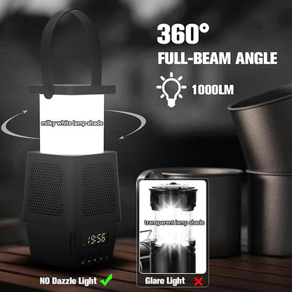 AVANLO 3 in 1 Small Camping Lantern Lamp Bluetooth Speaker for Hiking Portable,Rechargable Outdoor Table Lamp Dimmable Night Light Clock Battery Operated(Included) Cordless Emergency Light 7200mAh