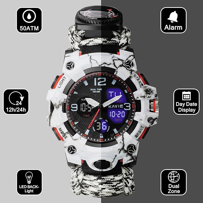 23-in-1 Survival Military Digital Watch, Mens Tactical Multi-Functional and Adjustable Wristband Outdoors Waterproof Sports Dual Dial Watches with Compass Paracord Band
