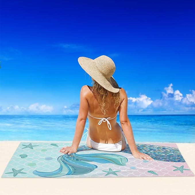 Mermaid Beach Towel, Cute Quick Dry Thin Mermaid Tail Absorbent Bath Towel for Girls & Womens, Kids Fantasy Summer Lightweight Beach Blanket for Travel Pool Yoga Sports 30 x 60 in