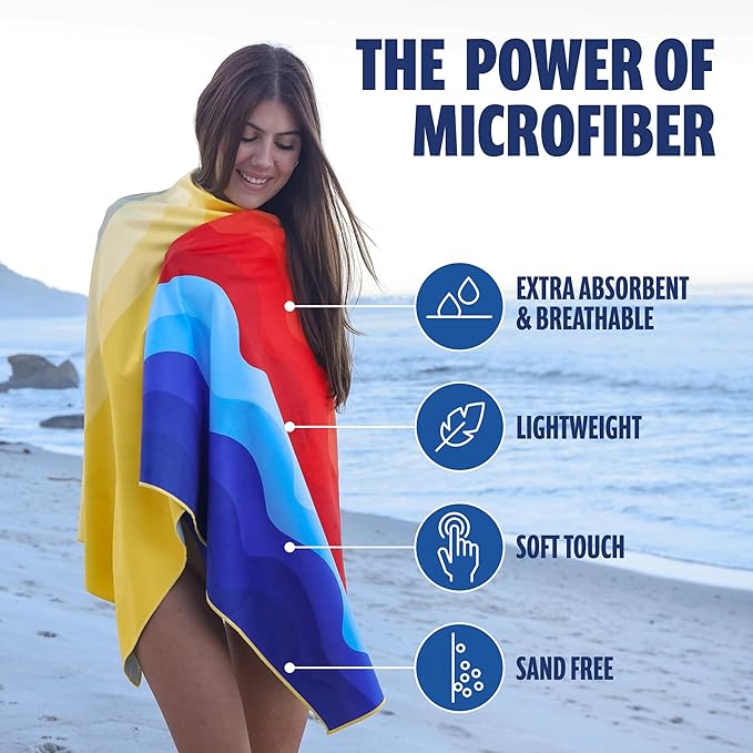 SUN NINJA Microfiber Beach Towel - Sand Free, Quick Dry, Lightweight & Compact for Beach, Pool, Yoga and Camping - 63x32 inch Super Absorbent, Large Sand Free Swim Towels for Adults and Kids