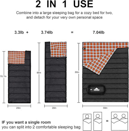AGEMORE Cotton Flannel Double Sleeping Bag for Camping, Backpacking Or Hiking. Queen Size 2 Person Waterproof Sleeping Bag for Adults Or Teens. Lightweight with Compression Sack