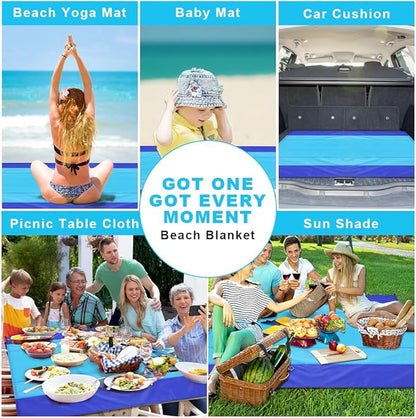 Beach Blanket Beach Mat, Sandproof Waterproof Beach Mat, Extra Large 82 * 79 in (5-7 People) Picnic Blanket with 1 Storage Bag, 1 Carabiner & 4 Fixed Nails for Beach, Camping, Hiking, Picnic