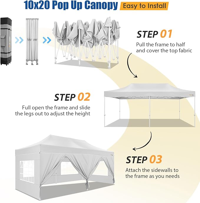 HOTEEL 10x20 Pop up Canopy Tent for Parties, Heavy Duty Easy Setup Tent with 6 Sidewalls, Outdoor Commercial Instant Gazebo for Wedding Event, with Roller Bag & Sand Bags, White(Hexagonal Frame)