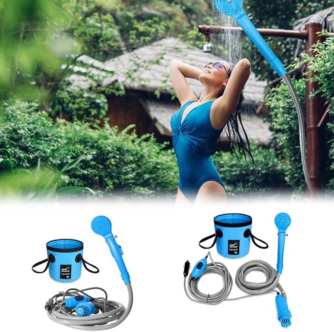 Portable Handheld Outdoor Camping Shower with Collapsible 5 Gallon Bucket(20L),Compact Pressure Shower Head Pump with 12V Car Cigarette Adapter for Camping,Hiking,Car washing