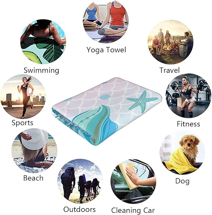 Mermaid Beach Towel, Cute Quick Dry Thin Mermaid Tail Absorbent Bath Towel for Girls & Womens, Kids Fantasy Summer Lightweight Beach Blanket for Travel Pool Yoga Sports 30 x 60 in