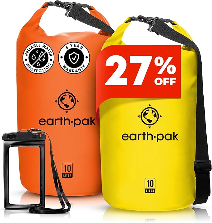 Earth Pak Waterproof Dry Bag - Roll Top Waterproof Backpack Sack Keeps Gear Dry for Kayaking & Fishing with Phone Case (Orange 10L & Black 10L)