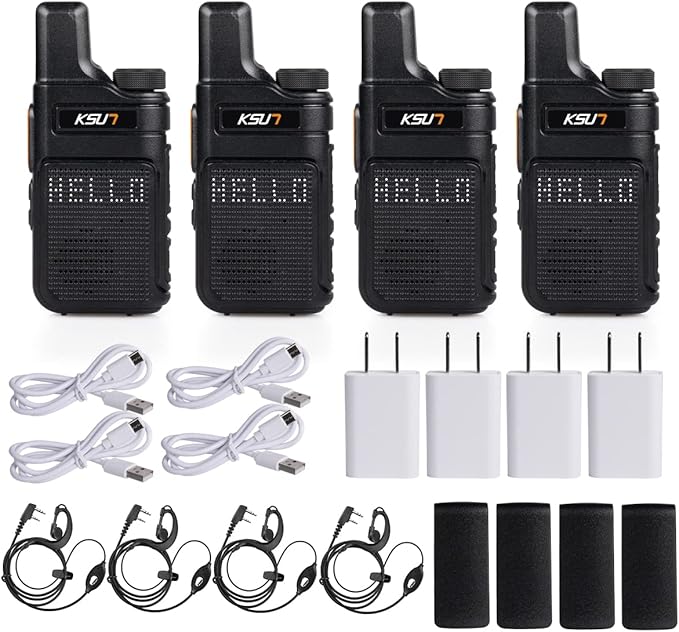 KSUN 4 Pack Walkie Talkies for Adults with Earpiece and Mic 22 FRS Channels Drop-Resistant, Dotted Matrix Display Long Range VOX 4000mAh Battery for Cruise Hiking Camping M6