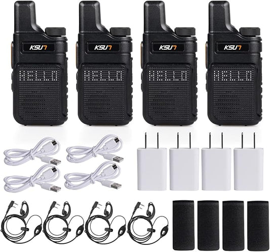 KSUN 4 Pack Walkie Talkies for Adults with Earpiece and Mic 22 FRS Channels Drop-Resistant, Dotted Matrix Display Long Range VOX 4000mAh Battery for Cruise Hiking Camping M6