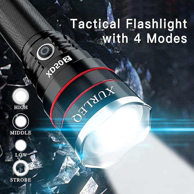 LED Rechargeable Flashlight, 100000 High Lumen Zoomable Tactical Flashlights with 4 Light Modes & Batteries, Super Bright Waterproof Work Flash Light for Outdoor Camping Hiking