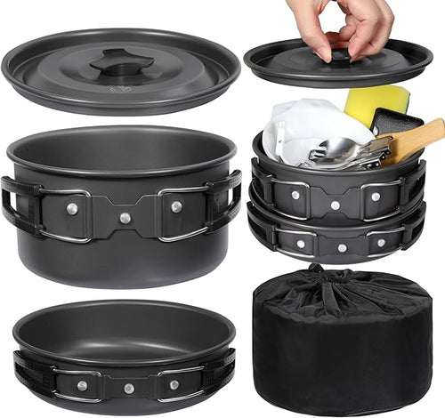 REDCAMP 12/14/15/19 PCS Camping Cookware Mess Kit Camping Gear Campfire Utensils Lightweight Stackable Pot Pan Bowls Soup Spoon with Storage Bag for Camping, Backpacking, Outdoor Cooking, Picnic
