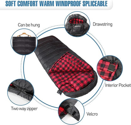 0 Degree Sleeping Bag Cotton Flannel Winter Cold Weather for Adults XXL Sleeping Bag 4 Season Big and Tall with Pillow Compression Sack