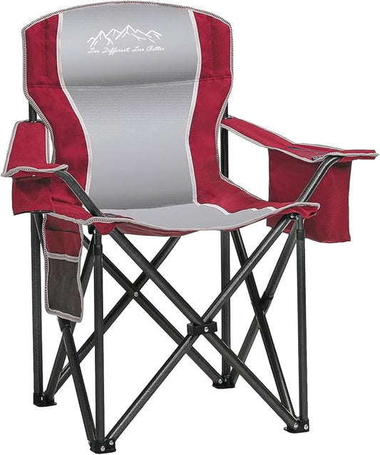 Heavy Duty Folding Camping Chair with Cooler Bag, Cup Holder, Storage Pocket, 450lbs Capacity with Large Anti-Sink Feet, Portable Padded Chair for Camping, Beach, Fishing, Sports, Red