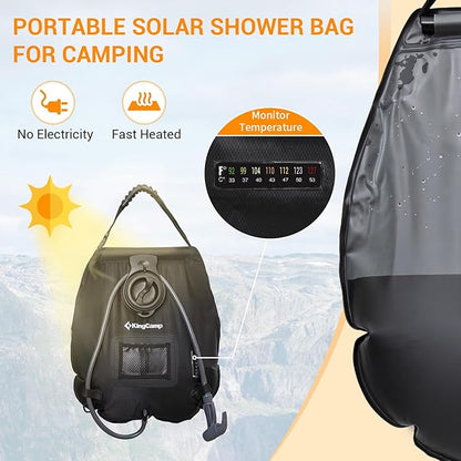 KingCamp Solar Shower Bag for Camping, Lightweight Shower Bag, Durable, Leak-Proof Design with Thermometer, Removable Hose, Switchable Shower Head, Portable Solar Shower for Camping