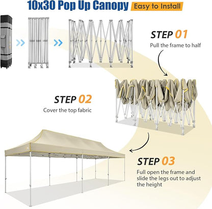 HOTEEL 10x30 Pop up Canopy Tent for Parties, Heavy Duty Easy Setup Tent Without Sidewalls, Outdoor Commercial Instant Gazebo for Wedding Event, with Portable Bag, Khaki(Hexagonal Frame)