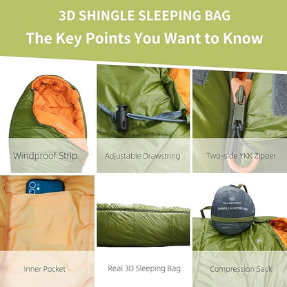 Mountainlodge 3-4 Seasons Shingle Sleeping Bag 15℉ with Inner Pocket for Adult,Perfect for Backpacking,Traveling and Hiking,Including Free Compression Stuff Sack.