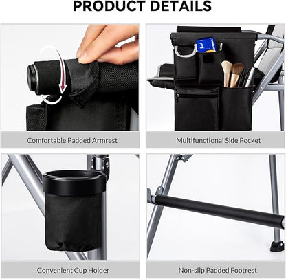Foldable Directors Makeup Salon High Chair - Portable Camping Bar Height Folding Photoshoot Chairs with Stroage Bag Cup Holder Non-Slip Footrest, Supports 400 lbs Black Tall Director Chair