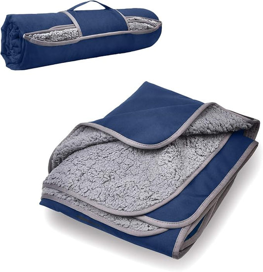 Tirrinia Outdoors Waterproof Throw Blanket, 51”x 59” Sherpa Fleece Stadium Windproof Mat Boat, Traveling, Camping, Hiking, Football - Machine Washable, Navy Blue