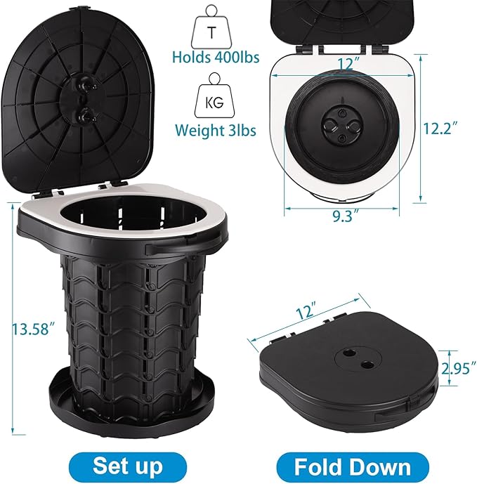 Fishboy Upgraded Portable Toilet for Camping, Adjustable Retractable Outdoor Toilet, Travel Potty with Carrying Handle and Storage Bag for Adults Kids for Hiking, Trips, Tent, Boat, Beach (Black)