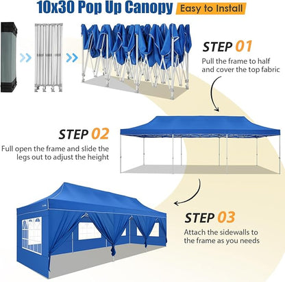 HOTEEL 10x30 Pop up Canopy Tent for Parties, Heavy Duty Easy Setup Tent with 8 Sidewalls, Outdoor Commercial Instant Gazebo for Wedding Event, with Portable Bag & Sand Bags, Blue(Hexagonal Frame)