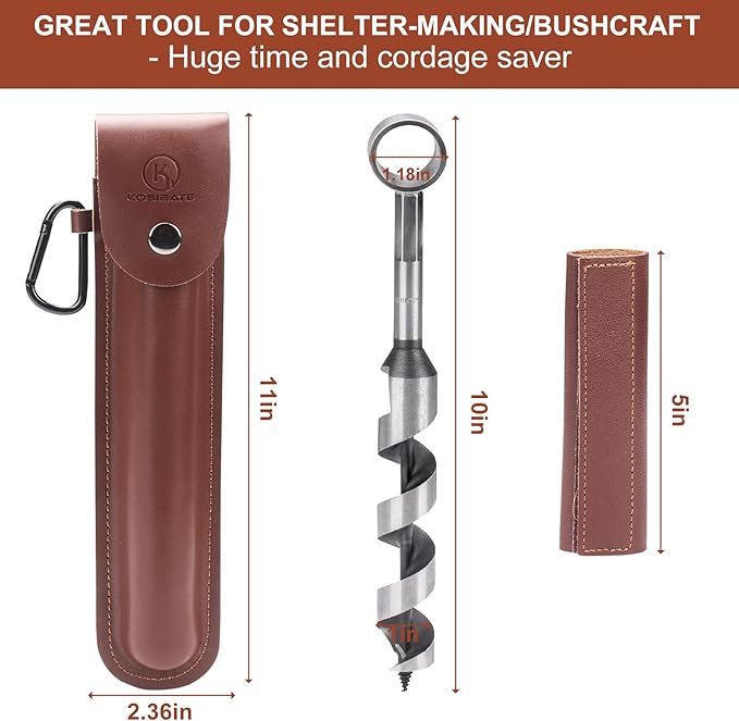 Kosibate Bushcraft Gear, Hand Auger Wrench for Easy Wood Drilling - Settlers Wrench and Bushcraft Tools Perfect for Camping and Woodworking Tasks-Scotch Eye Wood Drill with Leather Case Brown.