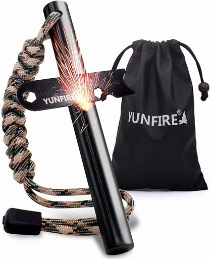 YUNFIRE Fire Starter-5" x 1/2" Thick Ferro Rod with Multi-Tool Striker & Type 550 Paracord, 25,000+ Strikes, Drilled Flint Fire Steel for Emergency Survival, Camping, Hiking