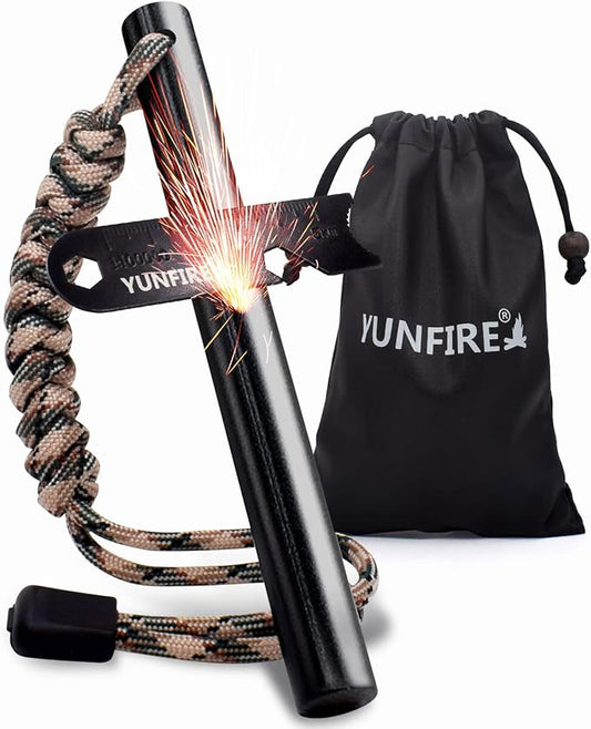 YUNFIRE Fire Starter-5" x 1/2" Thick Ferro Rod with Multi-Tool Striker & Type 550 Paracord, 25,000+ Strikes, Drilled Flint Fire Steel for Emergency Survival, Camping, Hiking