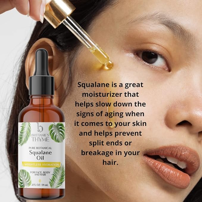 Brittanie's Thyme Squalane Skin Moisturizing Oil 2oz | 100% Plant Derived Squalane for Face, Skin & Hair | Luxurious Formula, Lightweight Formula for Hydration