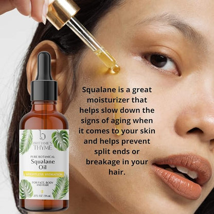 Brittanie's Thyme Squalane Skin Moisturizing Oil 2oz | 100% Plant Derived Squalane for Face, Skin & Hair | Luxurious Formula, Lightweight Formula for Hydration