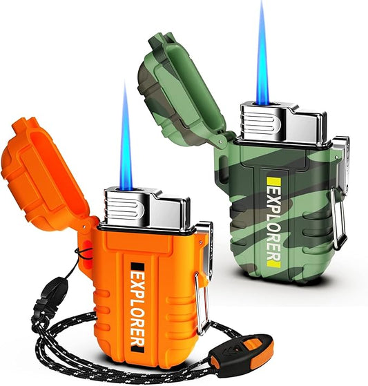 Torch Lighter, 2 Pack Butane Lighter, Windproof Outdoor Gas Lighter Adjustable Jet Flame Lighters, Fireplace Fireworks Grill Camping BBQ Lighter, Gifts for Men.(Orange+Camo)(Without Butane)