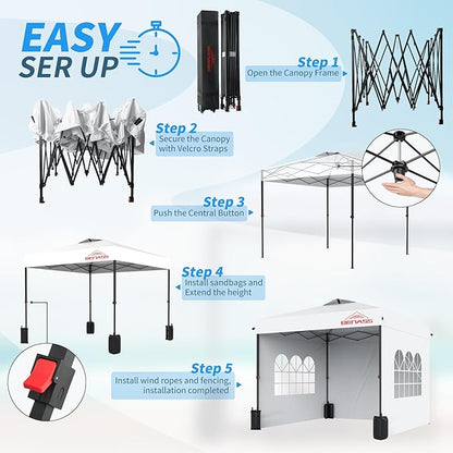 10x10 Pop Up Canopy with Sidewalls, Easy Up Canopy Tent, Heavy Duty Tents for Parties, One Person Set Up Event Tent, White