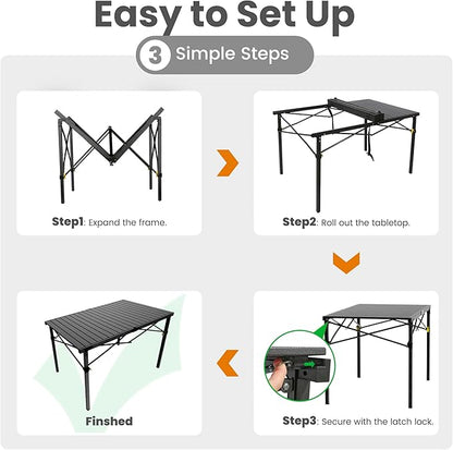 Portable Outdoor Camping Table Large for 2-6 Person - Foldable Camp Table with Aluminum Roll-Up Top & Carry Bag for BBQ, Tailgating, Backyard, 220 Lbs Capacity, Stable & Sturdy (Black)