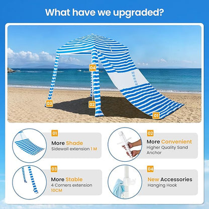 Grandekor UPF 50+ 6'×6' Beach Cabana with Sand Anchor Sidewall Hanging Hook Portable for Family Beach Trips Outdoor Shade Shelte