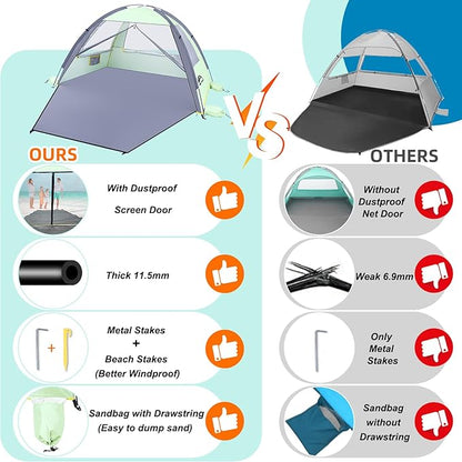 Happy Travel Beach Tent, UPF 50+ UV Protection Sun Shade Shelter for 3/4/5/6/7/8 Person, Portable Beach Canopy for Family & Baby, Lightweight & Easy Setup Beach Cabana with 3 Ventilation Mesh Windows