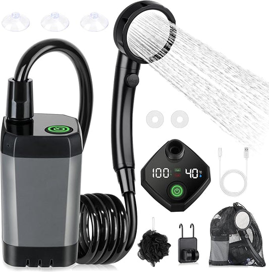 Portable Shower for Camping, [Long-Lasting] Spopal 6000mAh Rechargeable Camping Shower with Intelligent LED Display, 4 Spray Modes, IPX7 Waterproof Outdoor Shower Kit for Hiking, Travel, Car, Pet
