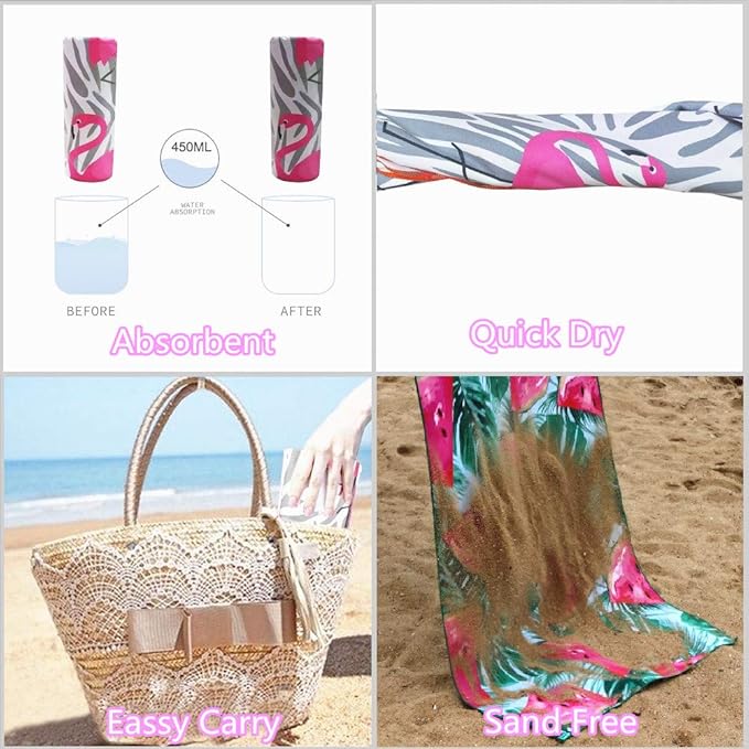 HAOKUN Flamingo Beach Towel Microfiber Sand Free Pool Towels -Quick Dry Super Absorbent Lightweight Thin Novelty Beach Towels for Gilrs Kids Teens Adults with Boho Large Beach Towel