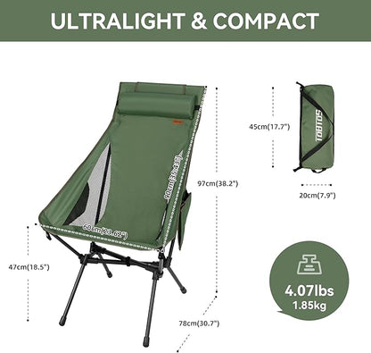 TOBTOS Portable High Back Camping Chair, Support Heavy Duty 440 lbs, Compact Folding Chair with Detachable Pillow for Camp, Hiking, Backpacking (Green)